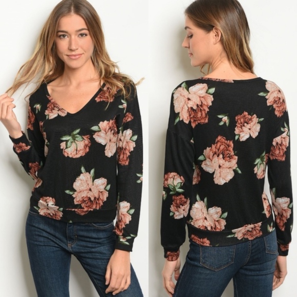 Soft Navy Blue  & Rose Floral V-Neck Top